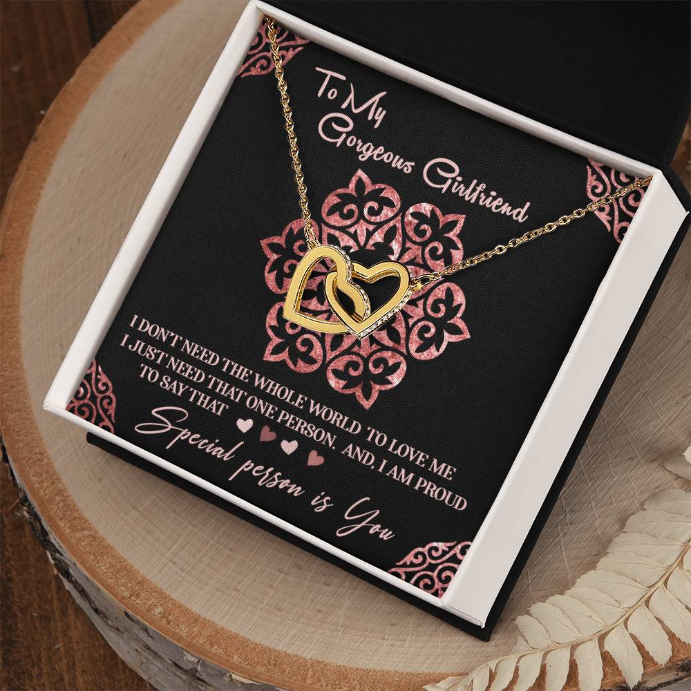 To My Gorgeous Girlfriend Luxury Necklace With Box And Message Card. Interlocking Hearts Necklace