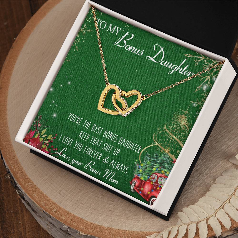 To My Bonus Daughter Interlocking Hearts Necklace Message Card