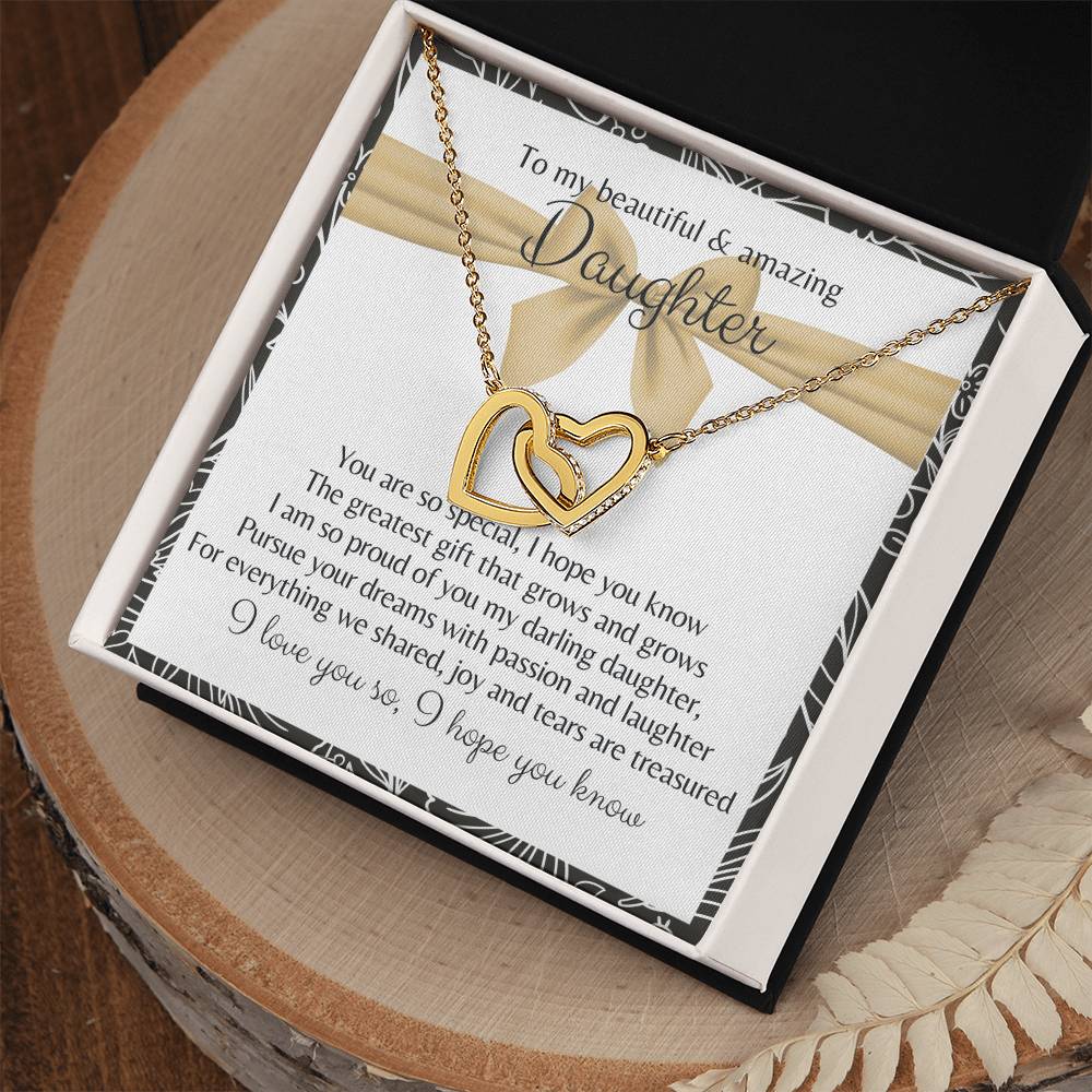 To My Beautiful Daughter 2 Hearts - Exclusive Offer Ribbon Interlocking Hearts Necklace