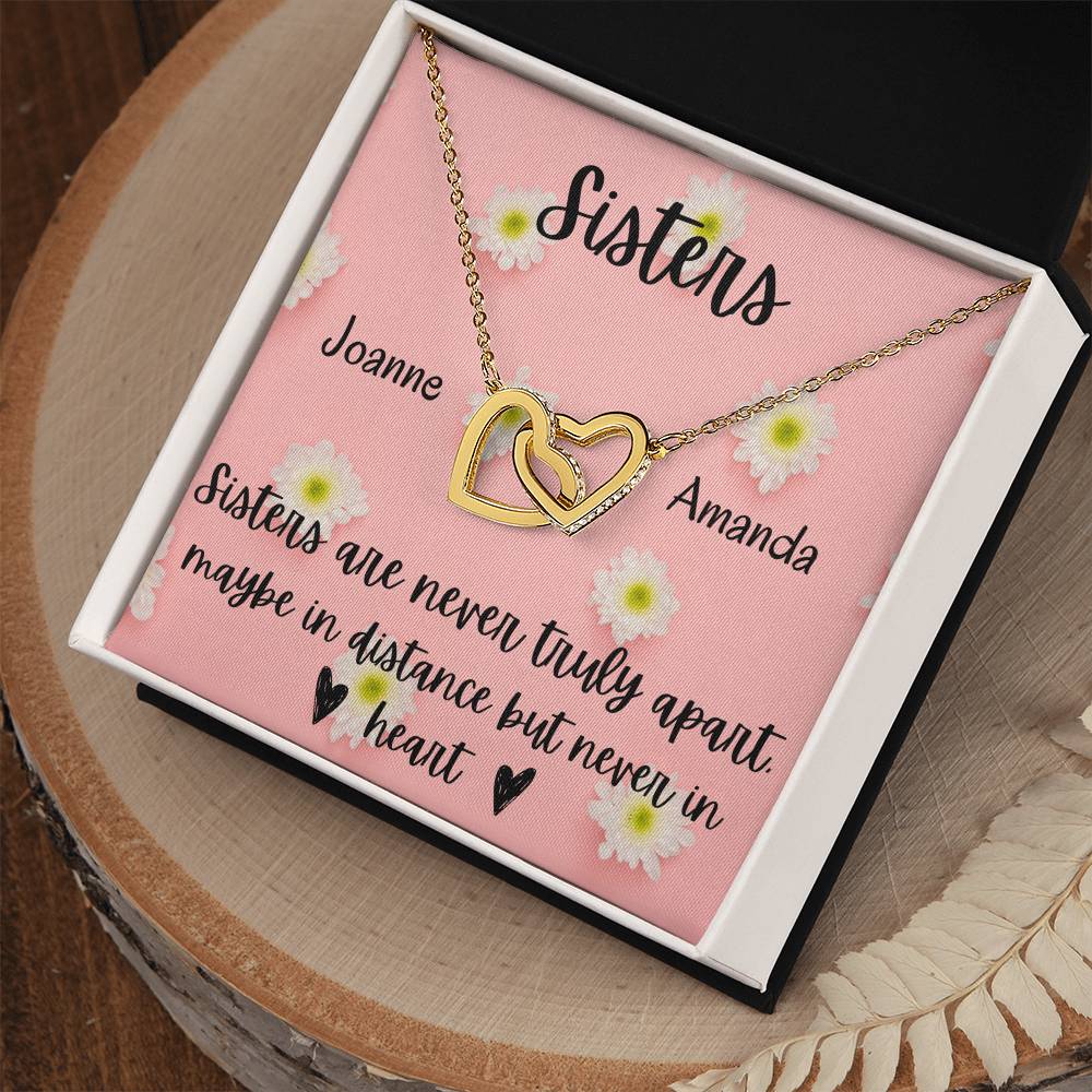 Sisters - Interlocking Necklace - Daisy Background - Personalized Interlocking Hearts Necklace