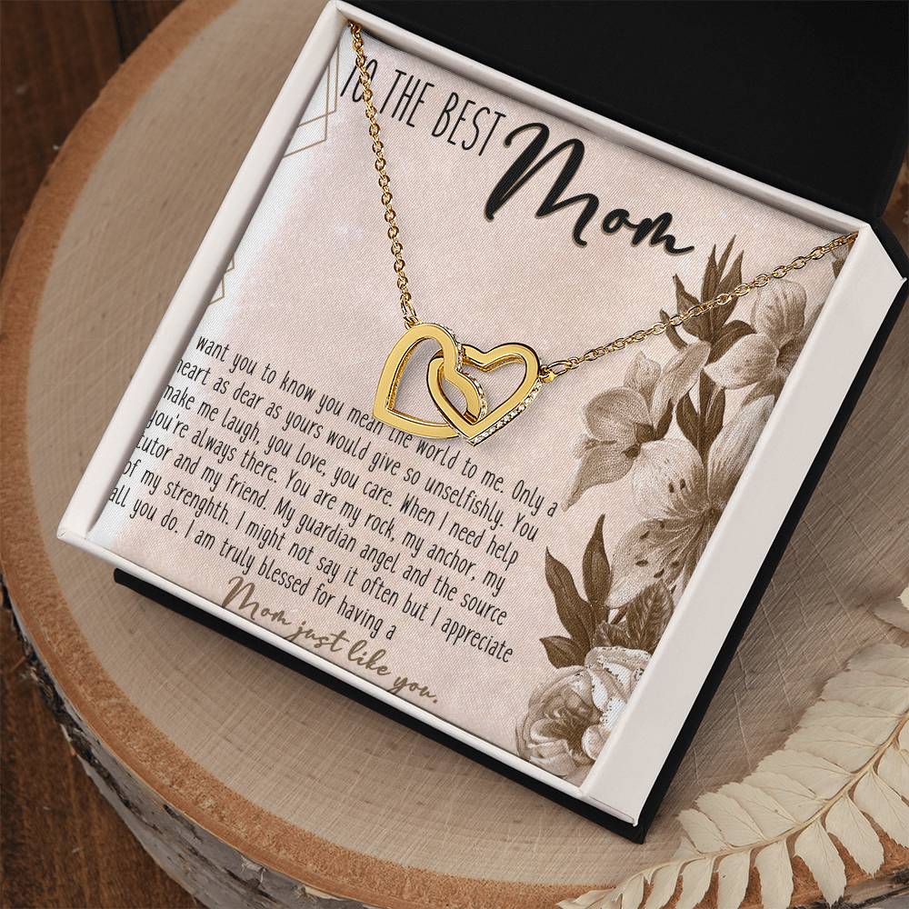 To The Best Mom Interlocking Hearts Necklace Message Card