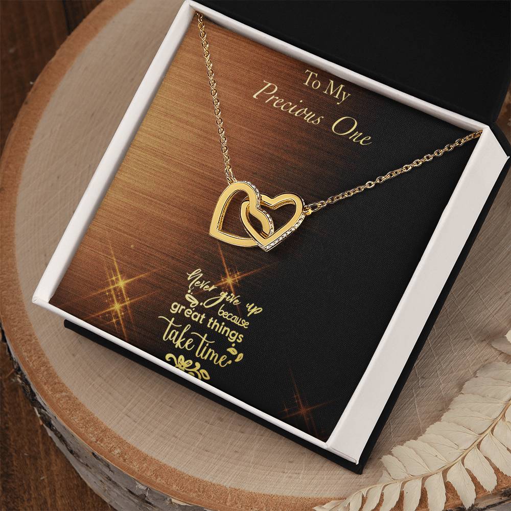 Great Things Take Time - Brushed Background Interlocking Hearts Necklace