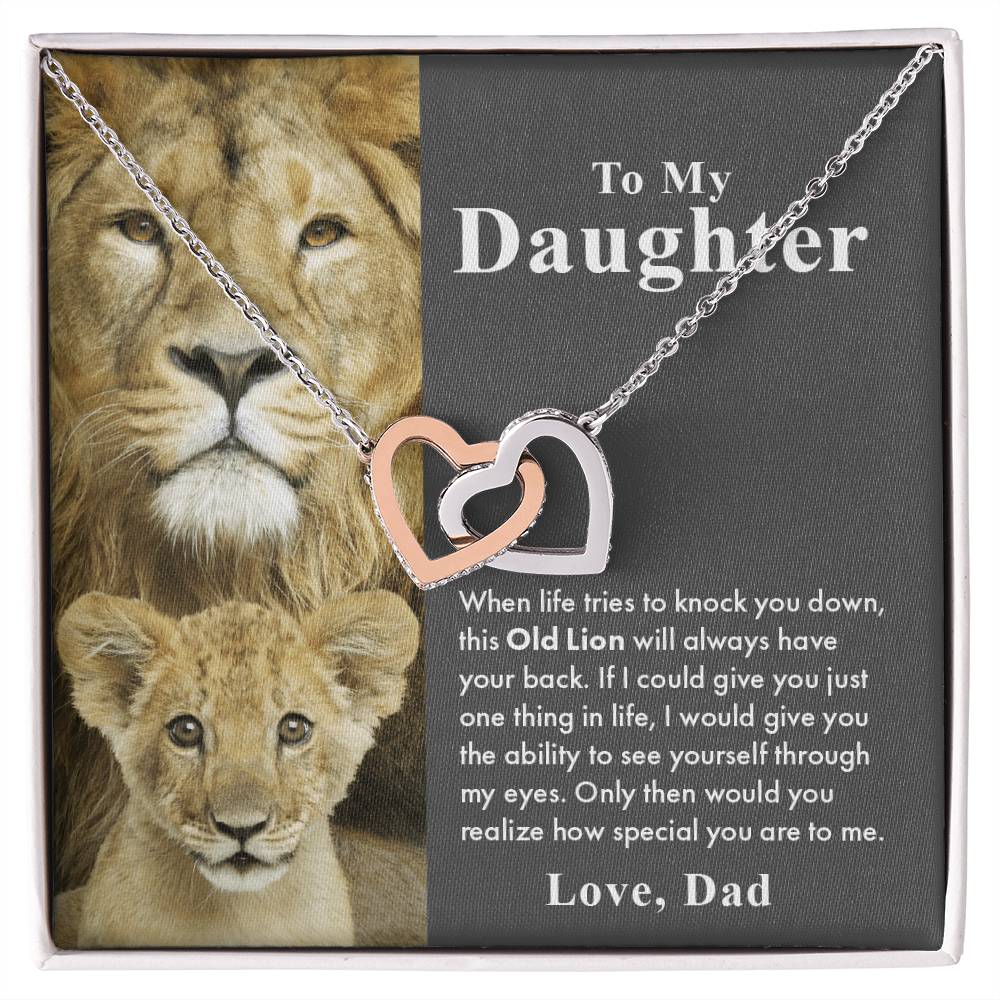 To My Daughter – This Old Lion Will Have Your Back Interlocking Hearts Necklace