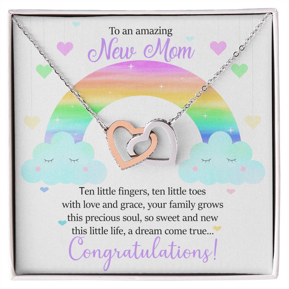 To An Amazing New Mom - Ten Little Fingers Ten Little Toes - Hearts Interlocking Hearts Necklace