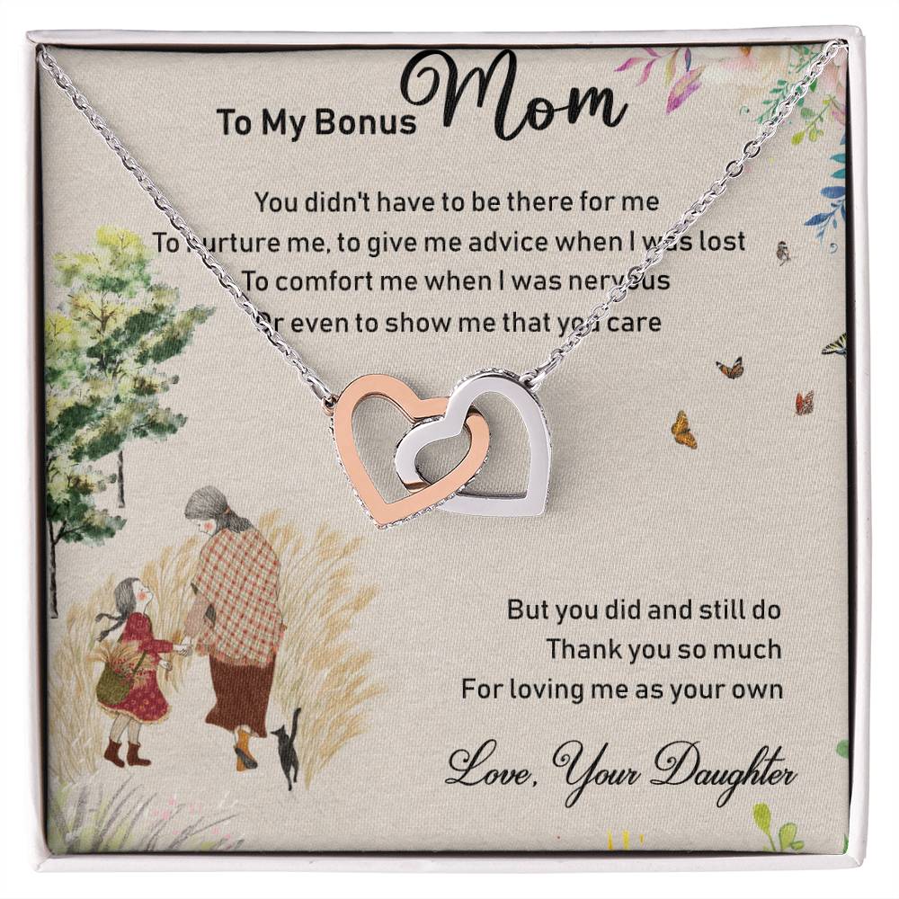 To My Bonus Mom Interlocking Hearts Necklace Message Card