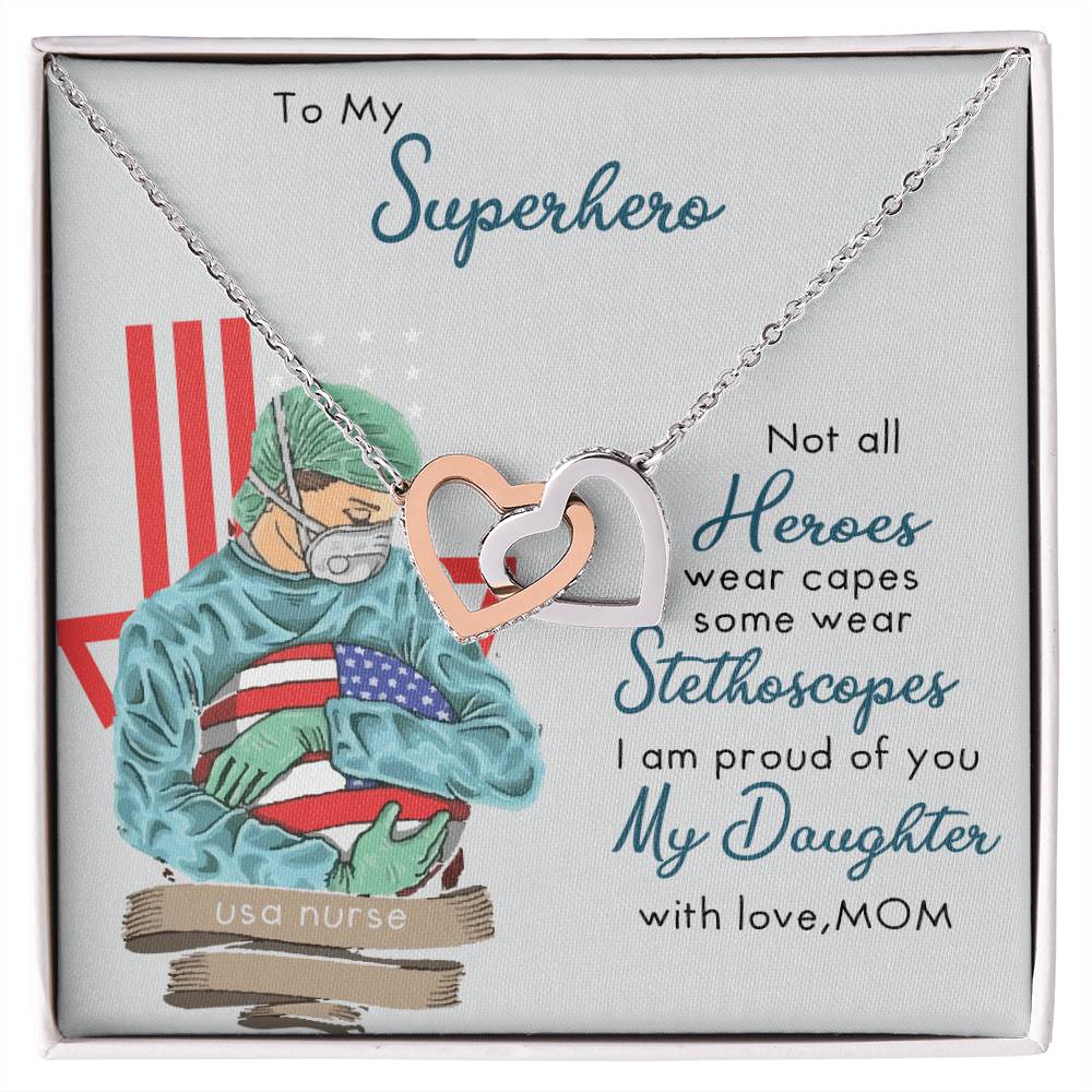 My Superhero Nurse Daughter Interlocking Hearts Necklace
