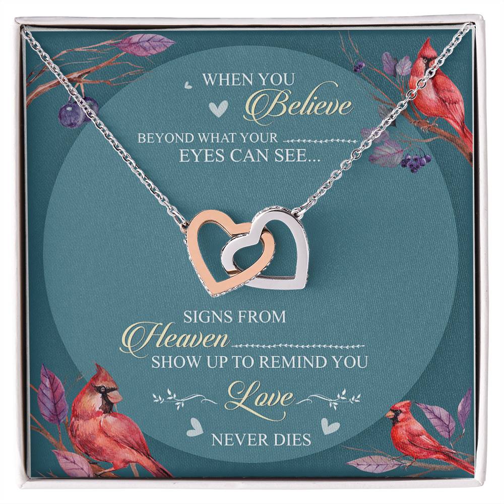 When You Believe Beyond What Your Eyes Can See Interlocking Hearts Necklace Cardinal Bird