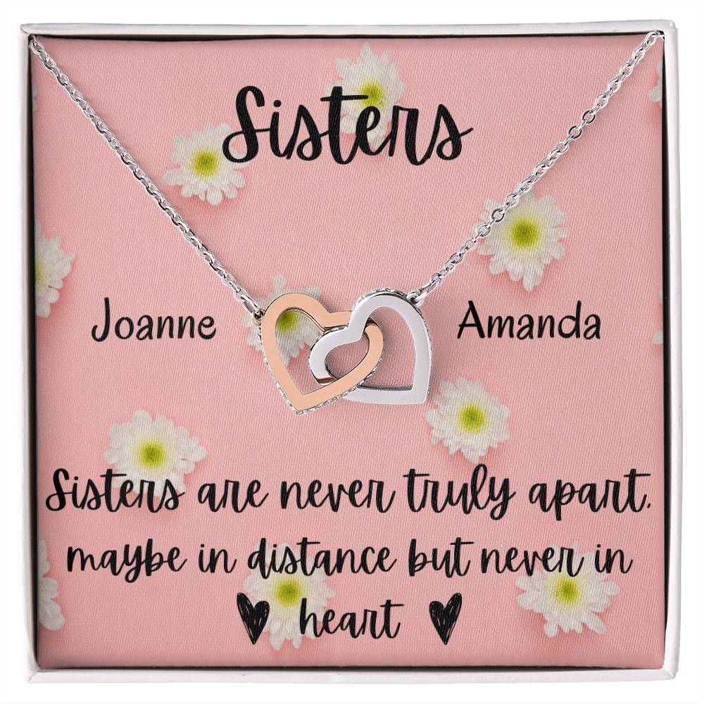 Sisters - Interlocking Necklace - Daisy Background - Personalized Interlocking Hearts Necklace