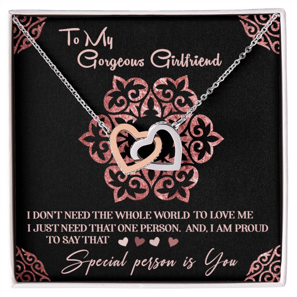 To My Gorgeous Girlfriend Luxury Necklace With Box And Message Card. Interlocking Hearts Necklace