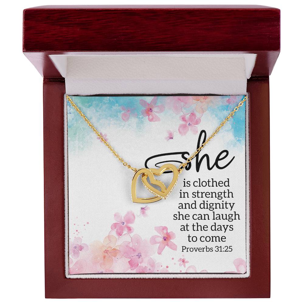 Proverbs 3125 - She Is Clothed Interlocking Hearts Necklace
