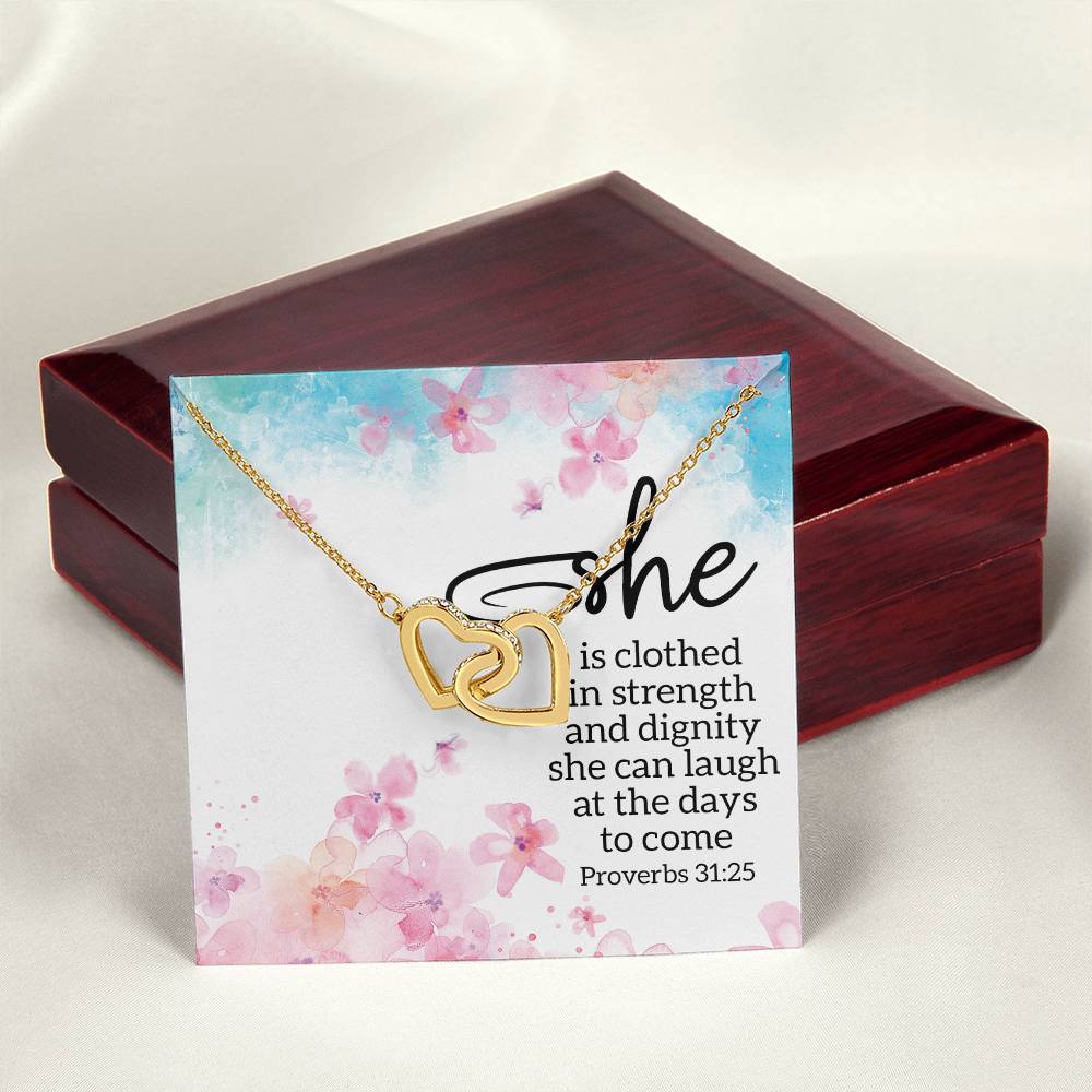 Proverbs 3125 - She Is Clothed Interlocking Hearts Necklace