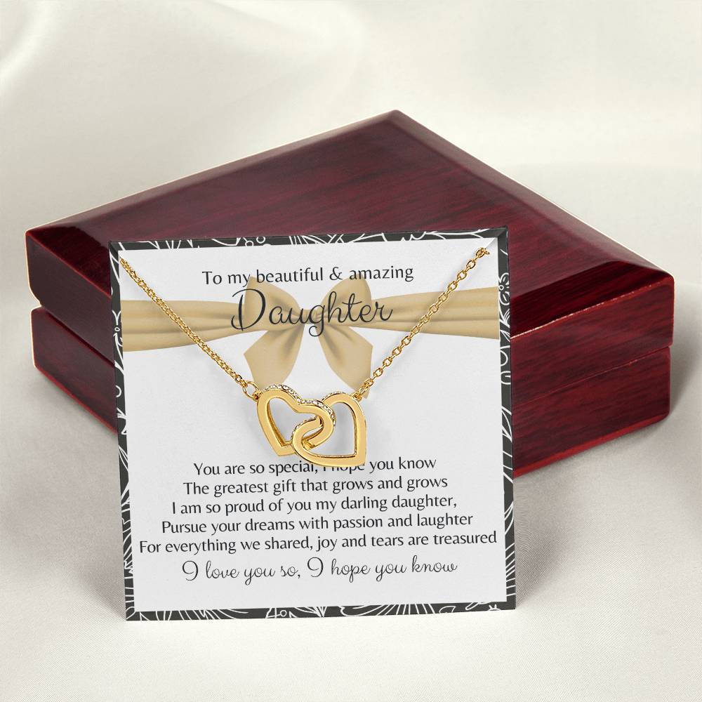 To My Beautiful Daughter 2 Hearts - Exclusive Offer Ribbon Interlocking Hearts Necklace