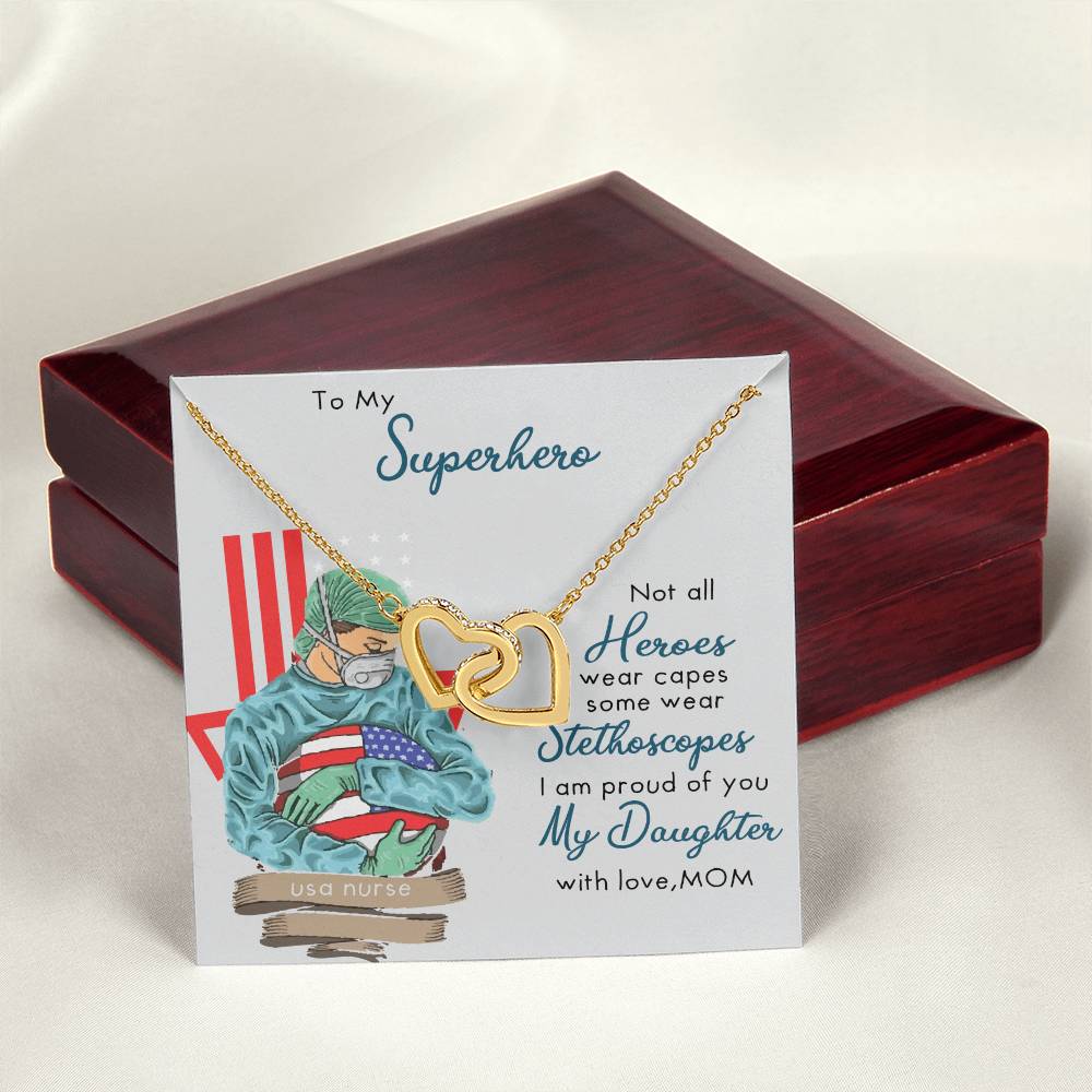 My Superhero Nurse Daughter Interlocking Hearts Necklace