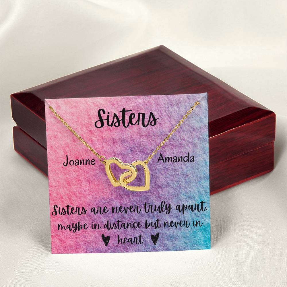 Sisters - Interlocking Necklace - Rainbow Background - Personalized Interlocking Hearts Necklace