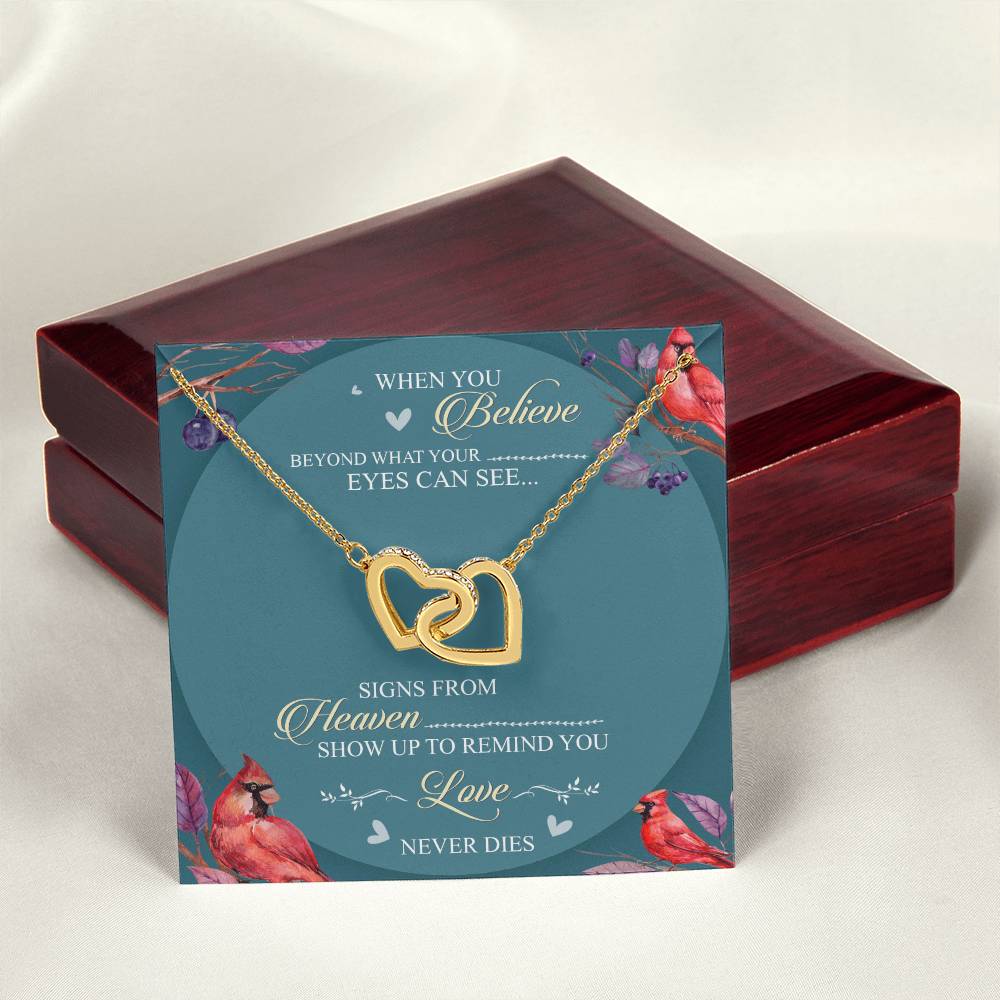 When You Believe Beyond What Your Eyes Interlocking Hearts Necklace Message Card