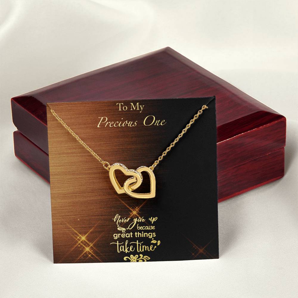 Great Things Take Time - Brushed Background Interlocking Hearts Necklace