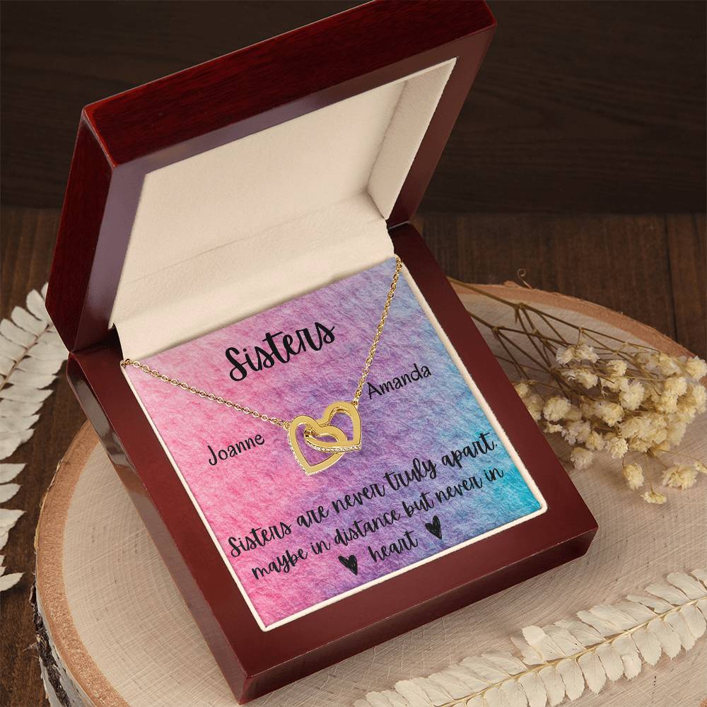 Sisters - Interlocking Necklace - Rainbow Background - Personalized Interlocking Hearts Necklace
