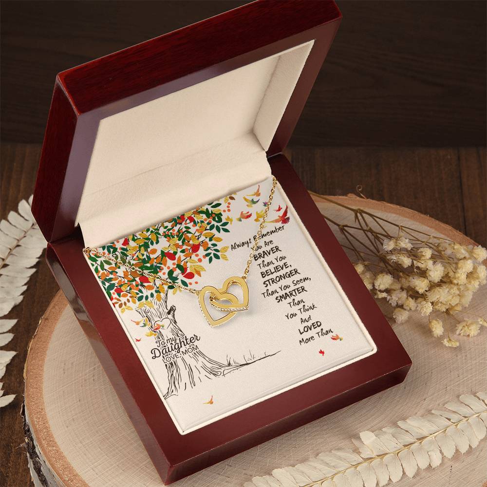 To My Daughter Love Mom Two Hearts Embellished With Cubic Zirconia Stones Interlocking Hearts Necklace