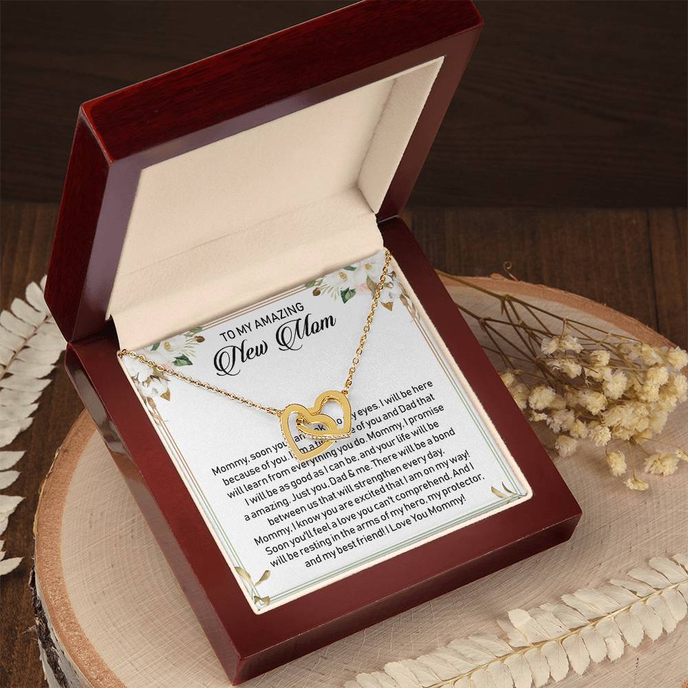 To My Amazing New Mom Interlocking Hearts Necklace Message Card