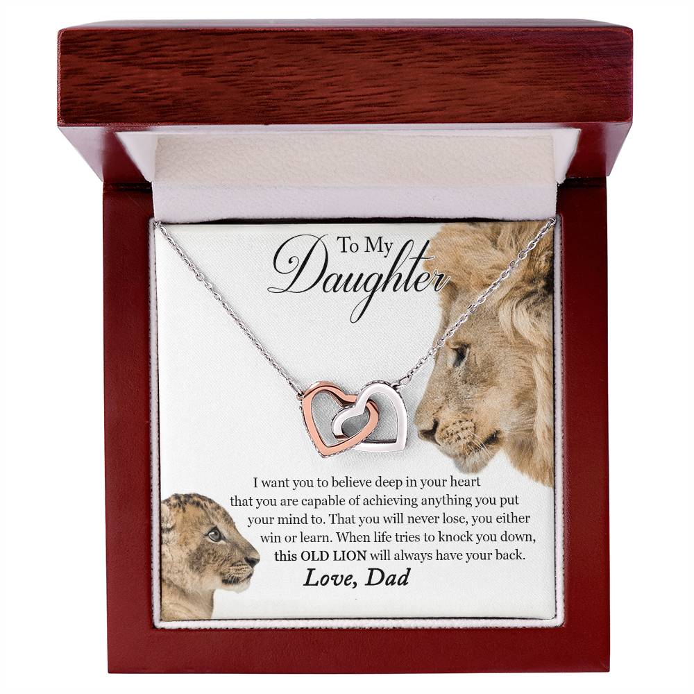 To My Daughter - This Old Lion Will Always Have Your Back Interlocking Hearts Necklace