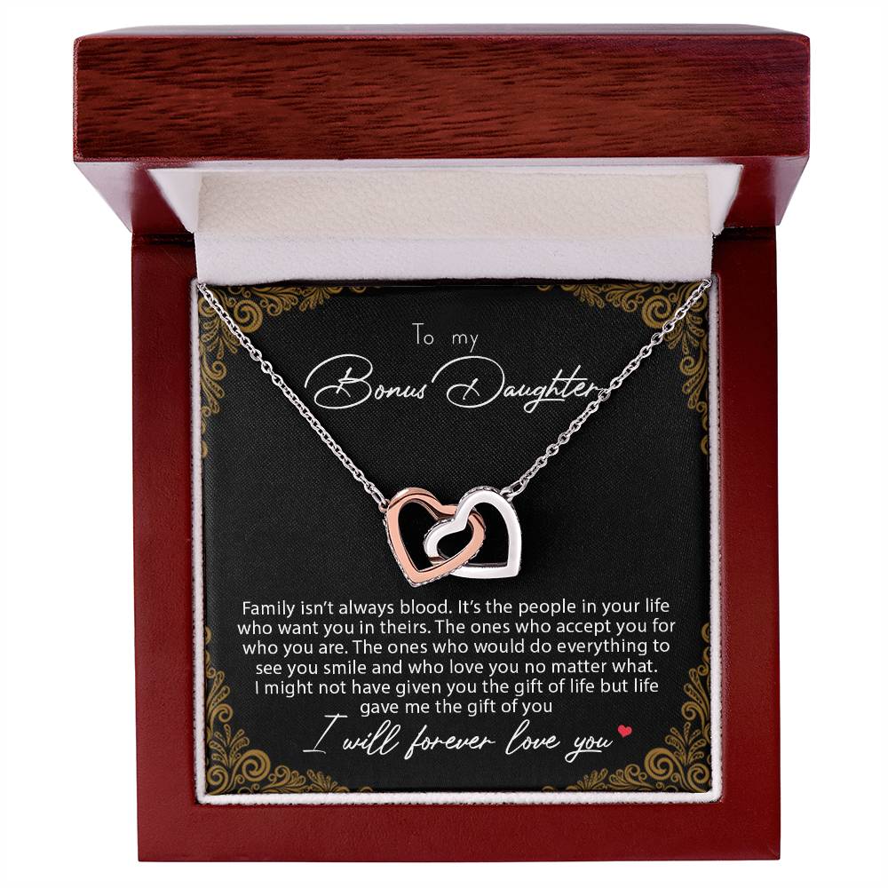 To My Bonus Daughter Family Isn'T Always Blood Interlocking Hearts Necklace