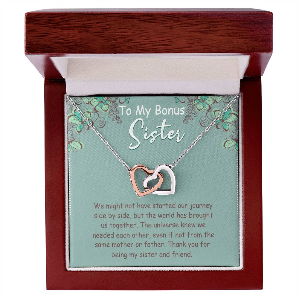 To My Bonus Sister Interlocking Hearts Necklace Message Card