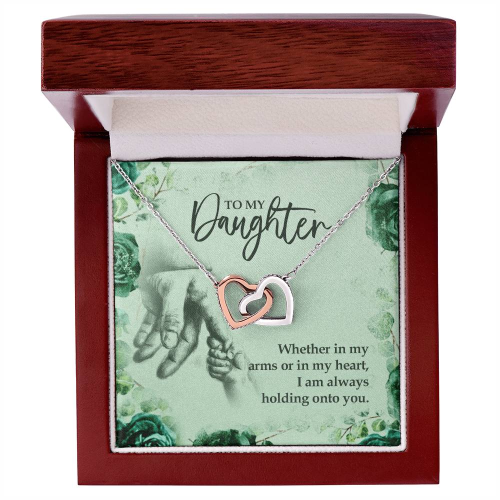 To My Daughter Holding Onto You. Artisan Zirconia Necklace Interlocking Hearts Necklace
