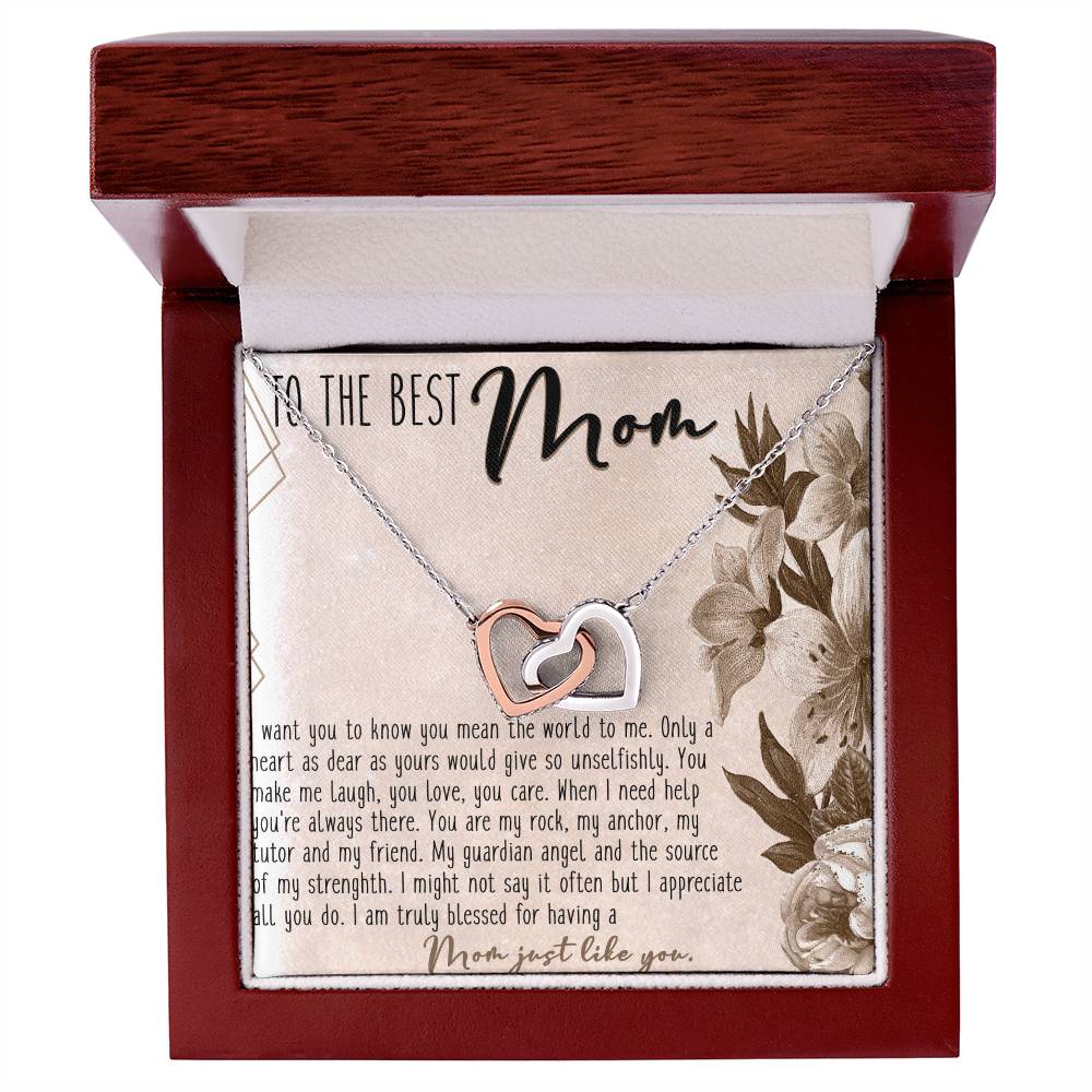 To The Best Mom Interlocking Hearts Necklace Message Card