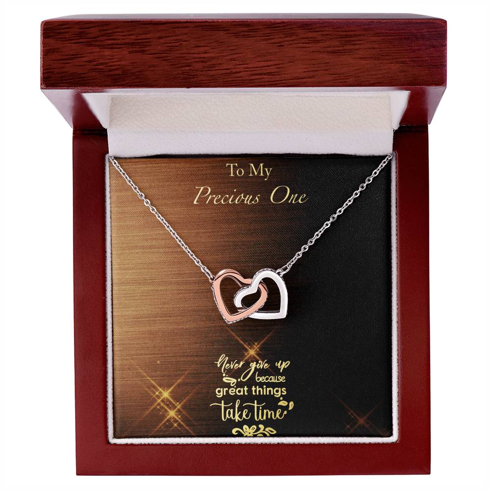 Great Things Take Time - Brushed Background Interlocking Hearts Necklace