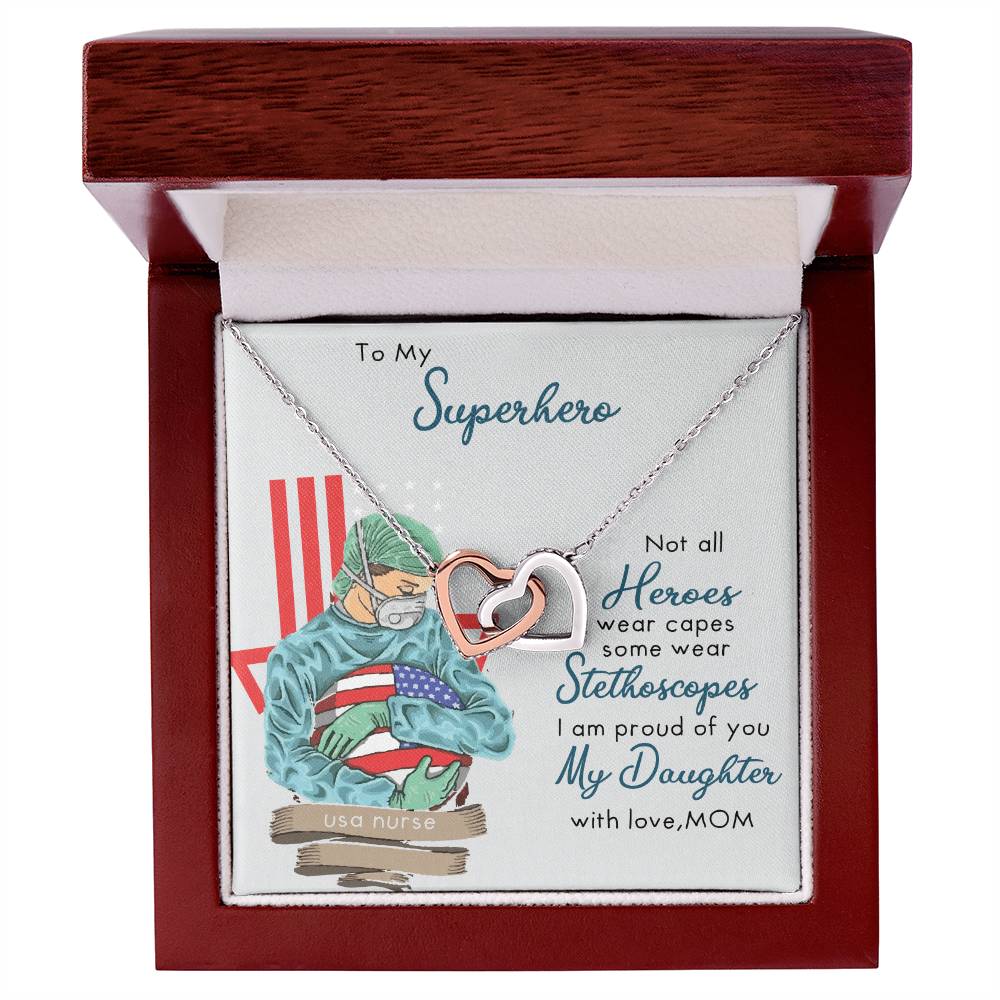 My Superhero Nurse Daughter Interlocking Hearts Necklace