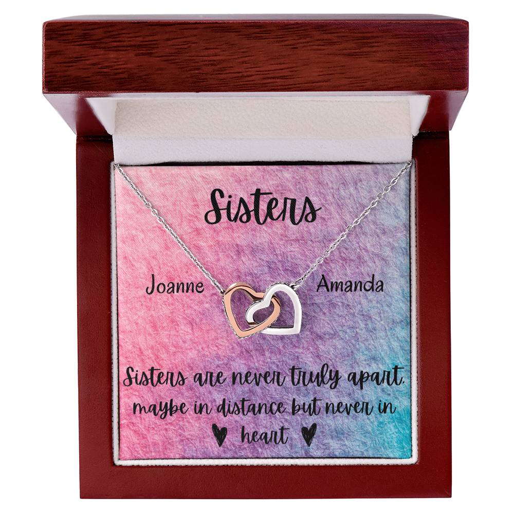 Sisters - Interlocking Necklace - Rainbow Background - Personalized Interlocking Hearts Necklace