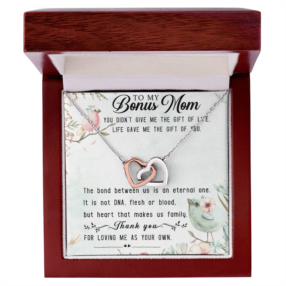 To My Bonus Mom Interlocking Hearts Necklace Message Card