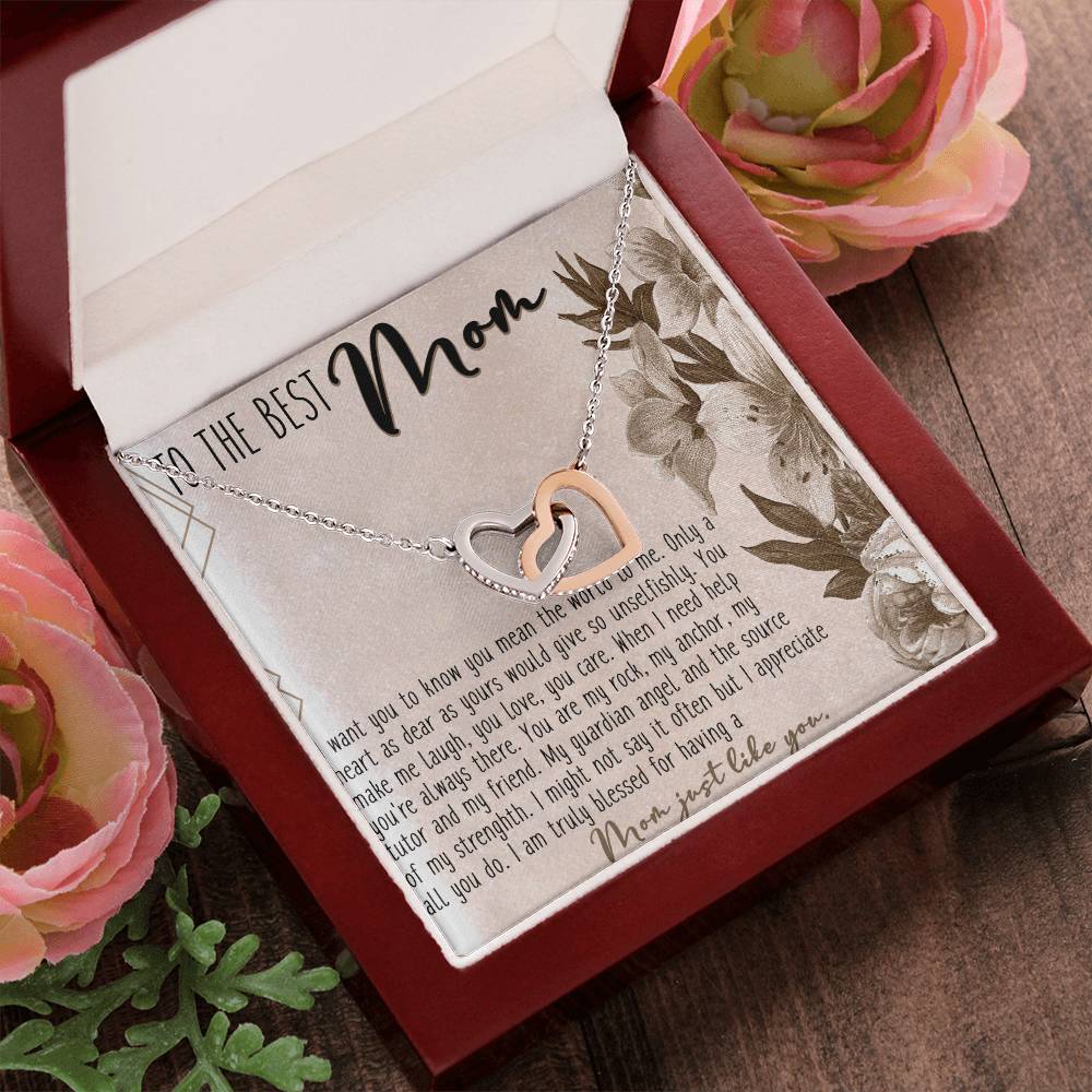 To The Best Mom Interlocking Hearts Necklace Message Card