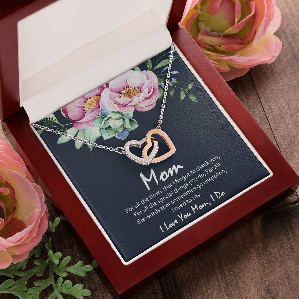 Love You Mom Blue With Hearts Interlocking Hearts Necklace