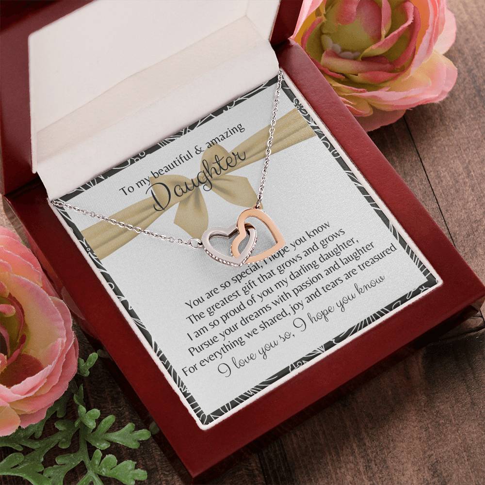 To My Beautiful Daughter 2 Hearts - Exclusive Offer Ribbon Interlocking Hearts Necklace