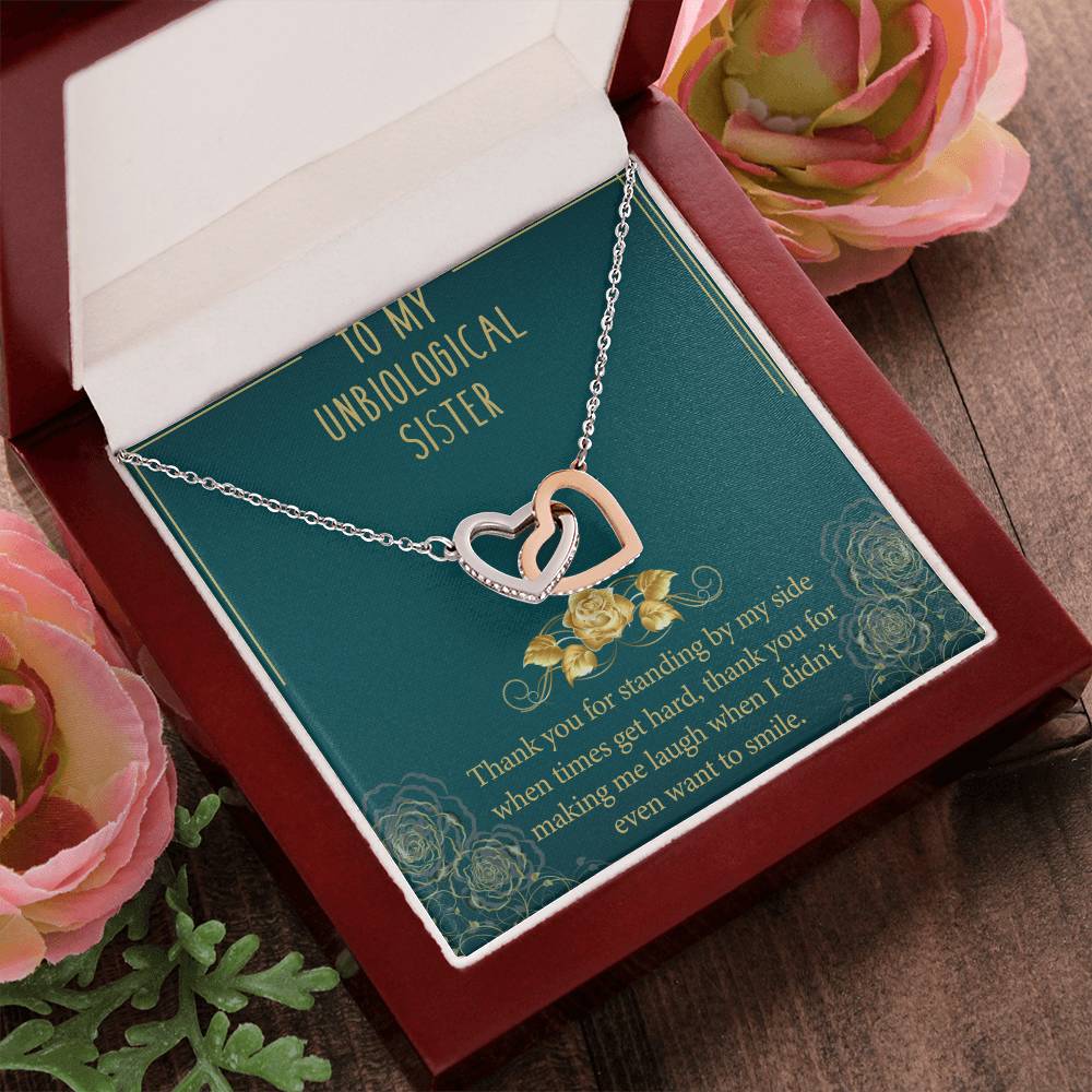 To My Unbiological Sister Interlocking Hearts Necklace Message Card