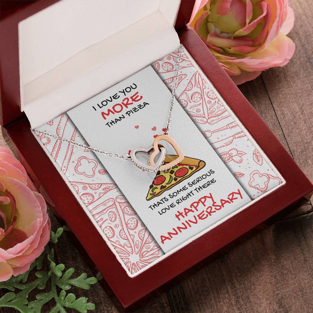 Love You More Than Pizza Anniversary Gift Card Necklace Interlocking Hearts Necklace