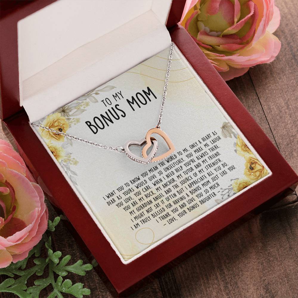 Premium To My Bonus Mom - Only A Heart As Dear As Yours Would Give So Unselfishly Interlocking Hearts Necklace