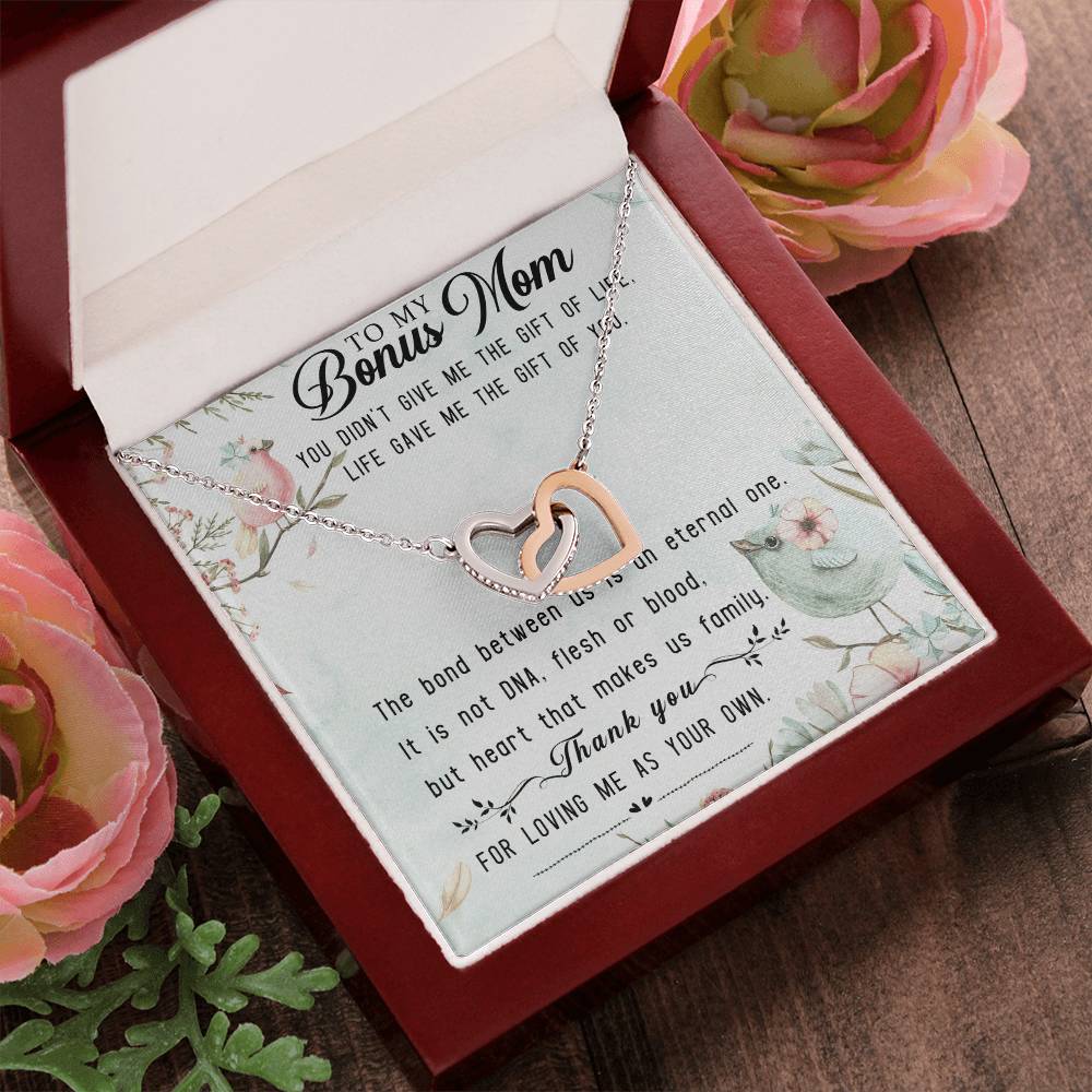 To My Bonus Mom Interlocking Hearts Necklace Message Card