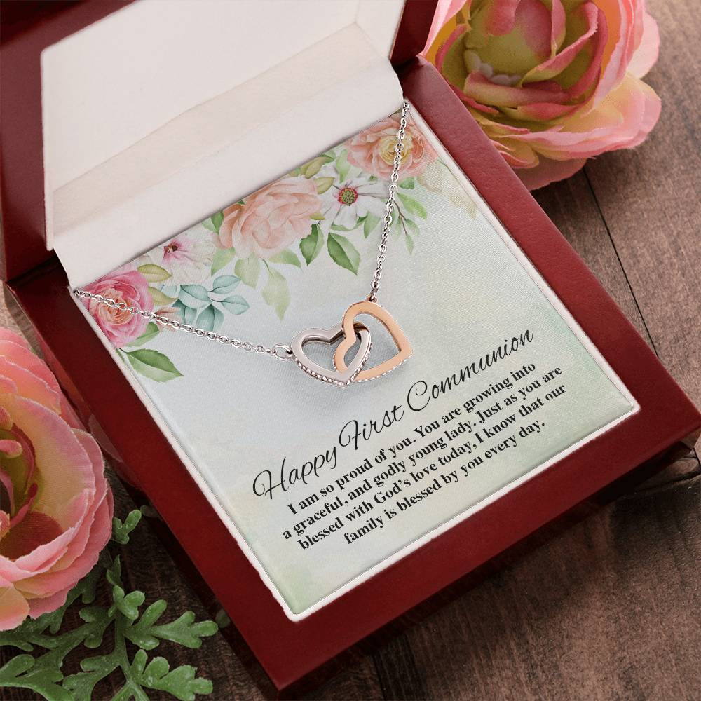 Happy First Communion Interlocking Hearts Necklace