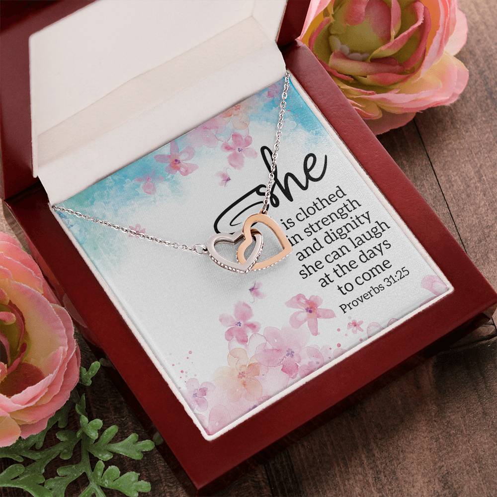 Proverbs 3125 - She Is Clothed Interlocking Hearts Necklace
