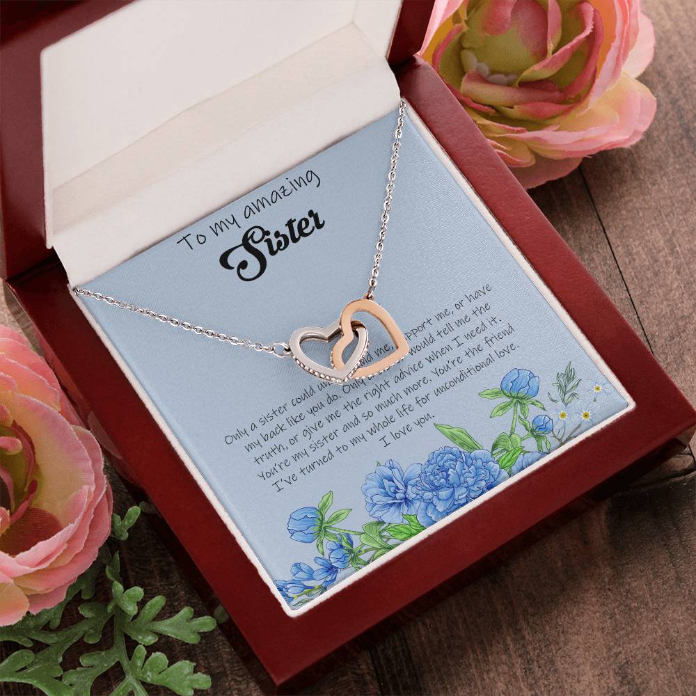 To My Amazing Sister - Blue Interlocking Hearts Necklace