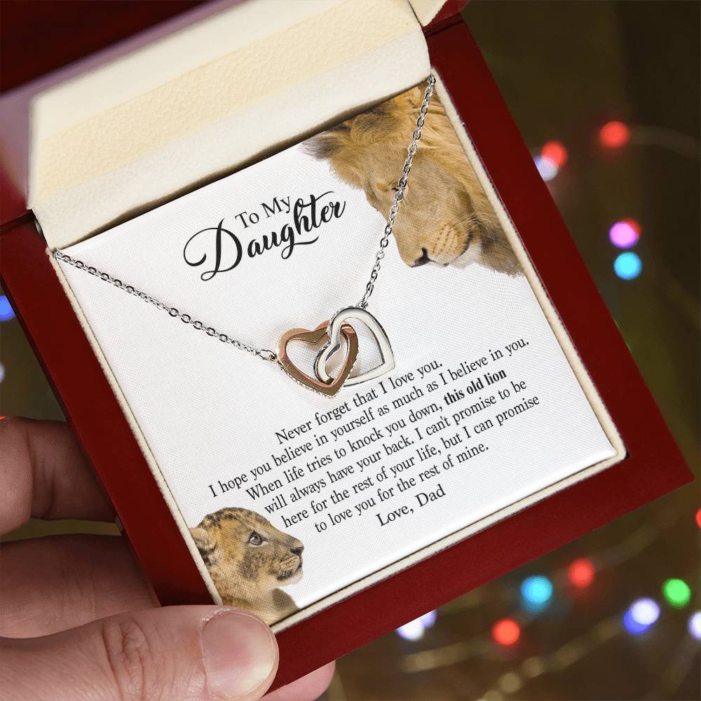 To My Daughter - This Old Lion Will Always Have Your Back Interlocking Hearts Necklace