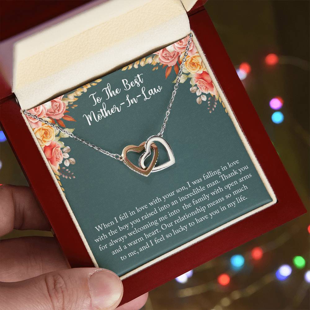To My New Mother-In-Law Wedding Day Mother Of Groom Gift From Bride Joining Your Family Necklace Present For His Mom Thank You Interlocking Hearts Necklace