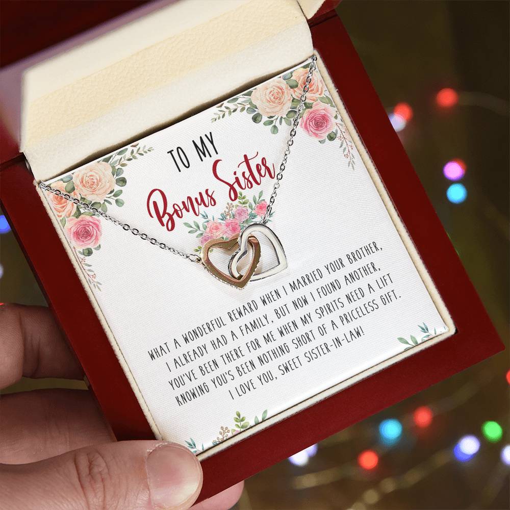 To My Bonus Sister Interlocking Hearts Necklace Birthday Message Card Gift