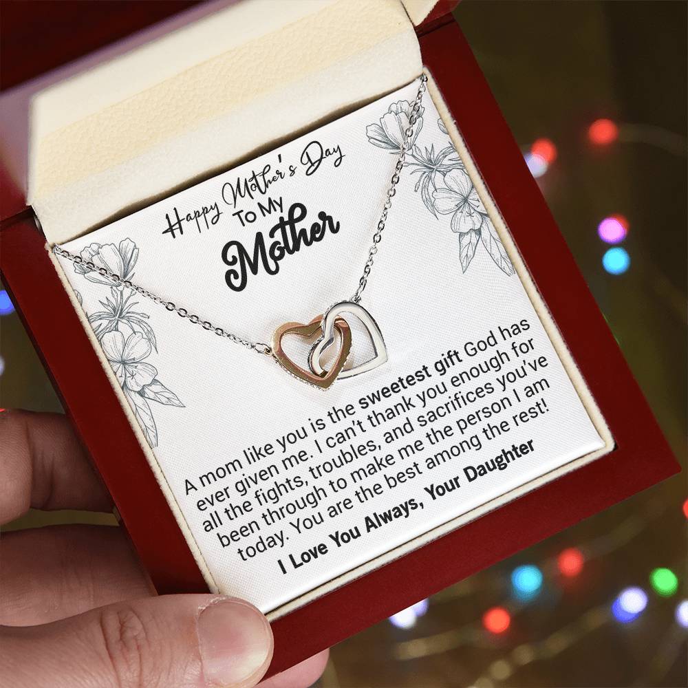Happy Mother'S Day Mom A Mom Like You Is The Sweetest Gift. Interlocking Hearts Necklace