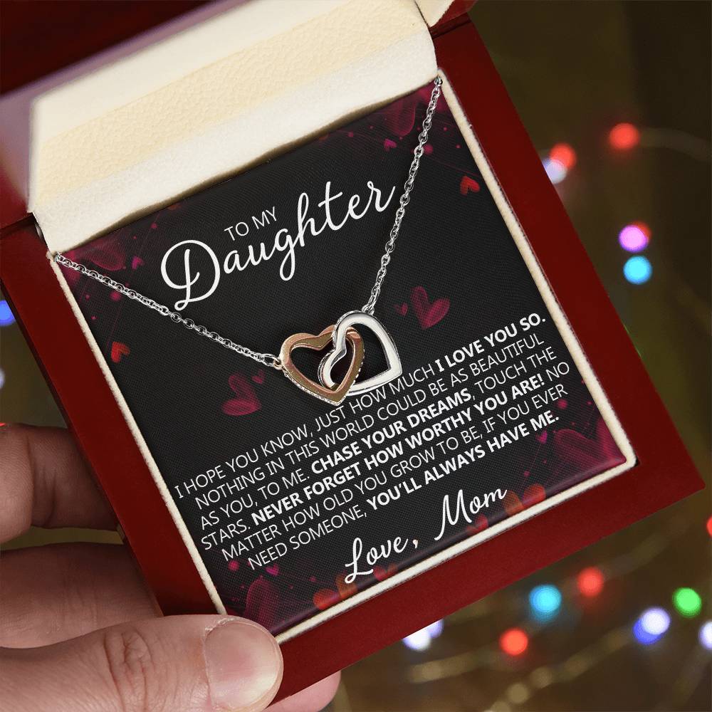 To My Daughter - I Love You - Unique Heart Bonding Necklace Gift Set Interlocking Hearts Necklace