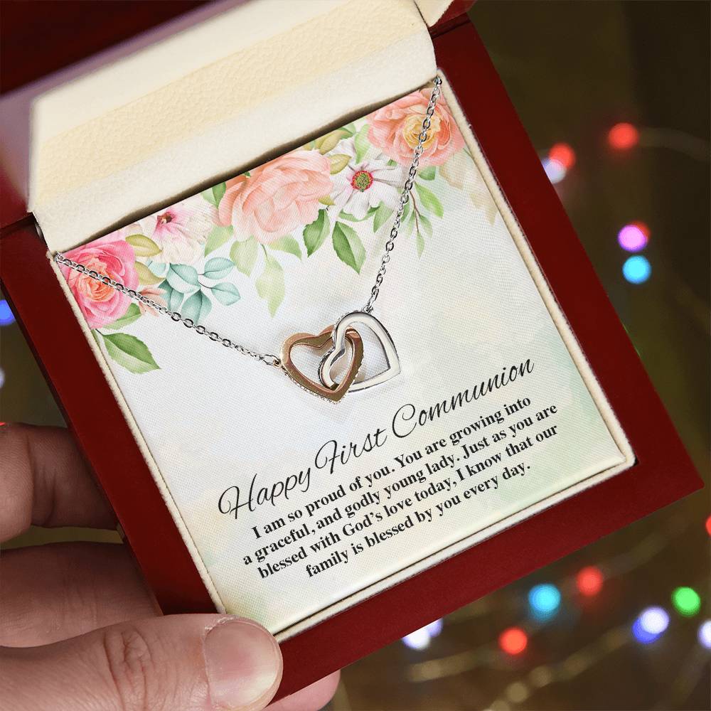 Happy First Communion Interlocking Hearts Necklace