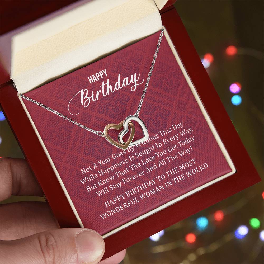 Happy Birthday To The Most Wonderful Woman In The World Interlocking Hearts Necklace