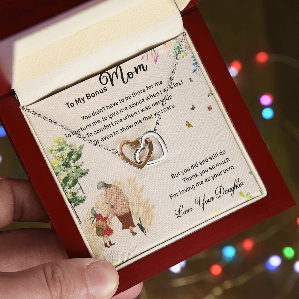 To My Bonus Mom Interlocking Hearts Necklace Message Card